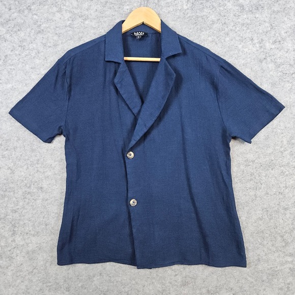BooHooMan Navy Blue Semi Sheer Button Front Shirt Size S 100% Cotton Lightweight - Picture 1 of 7